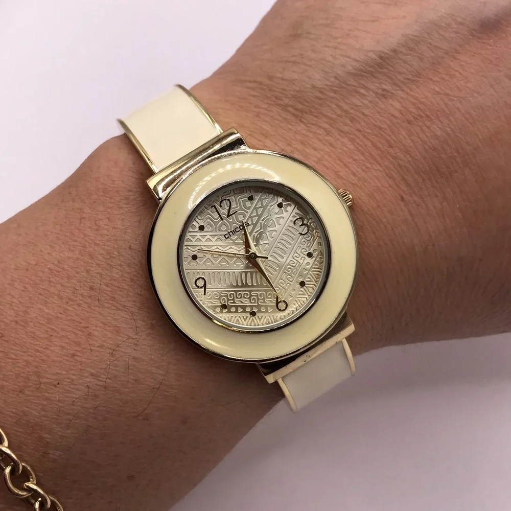 Chico’s Gold-Tone & Cream Hinged Cuff Watch